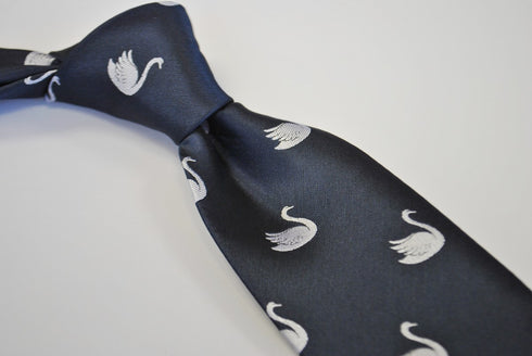 navy blue tie with swan pattern