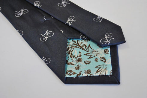 navy tie with bicycle design