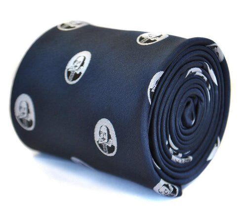 navy blue tie with William Shakespeare pattern