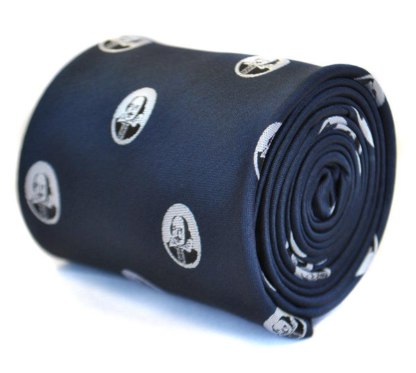 navy blue tie with William Shakespeare pattern
