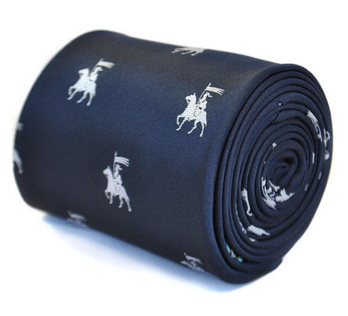 navy blue tie with medieval knight jousting pattern