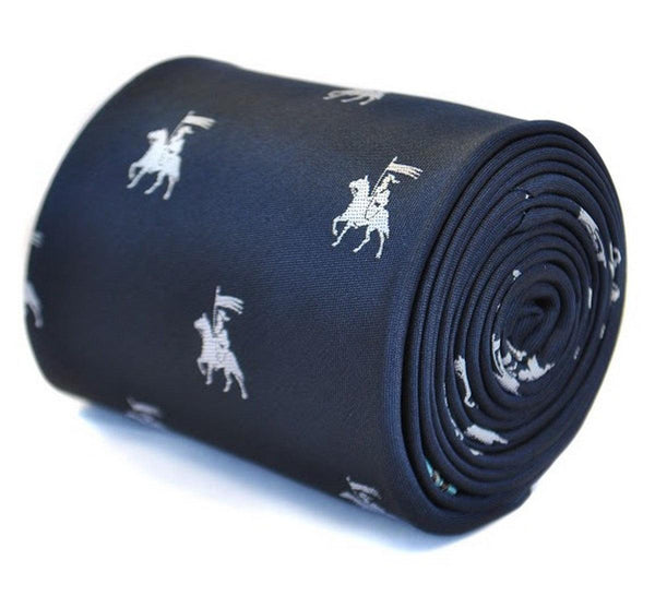 navy blue tie with medieval knight jousting pattern