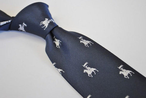navy blue tie with medieval knight jousting pattern