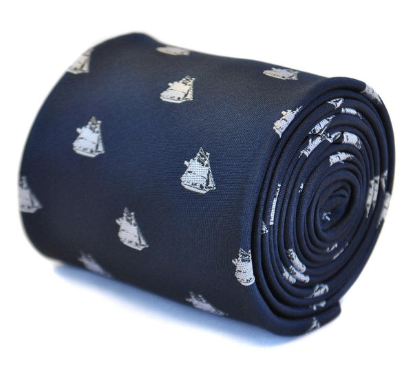 navy tie with sailing ship design