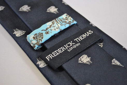 navy tie with sailing ship design