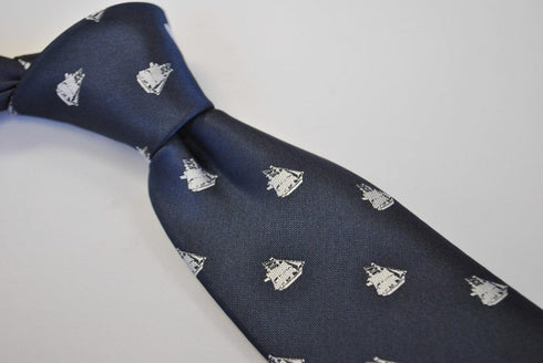 navy tie with sailing ship design