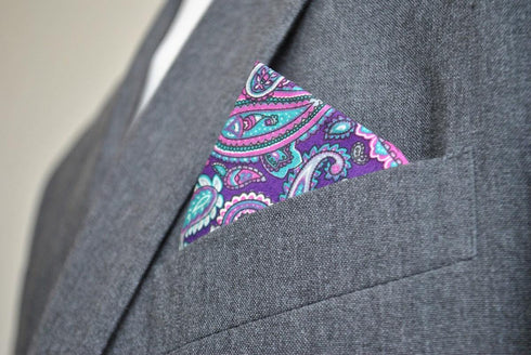 purple, pink and aqua paisley pocket square