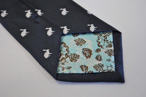 navy tie with white rabbit silhouette design