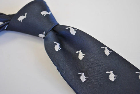 navy tie with white rabbit silhouette design