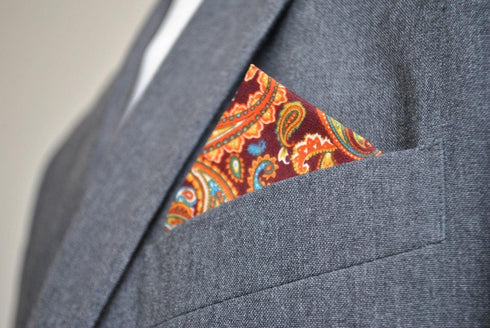 brown and orange paisley pocket square