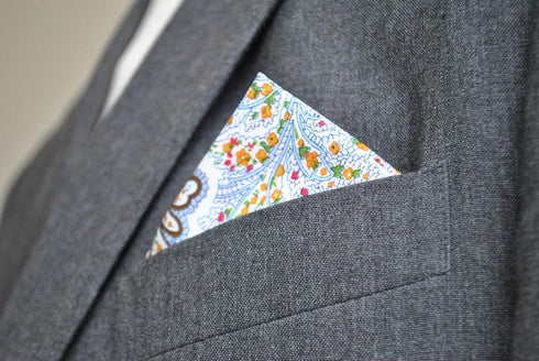 light blue, brown and yellow paisley pocket square