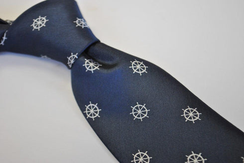navy tie with ship wheel design