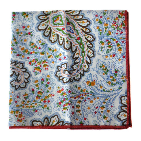 light blue, brown and yellow paisley pocket square