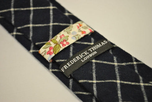 navy and white check wool tie