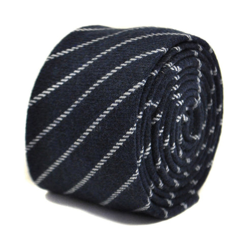navy blue and white striped tweed wool skinny tie
