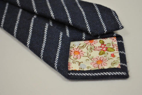 navy blue and white striped tweed wool skinny tie