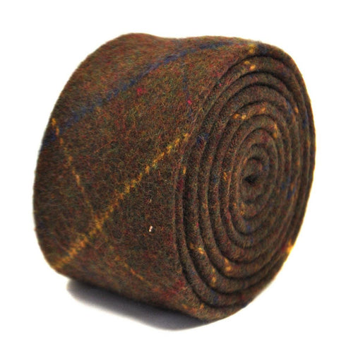 chocolate brown, blue and yellow check tweed wool tie