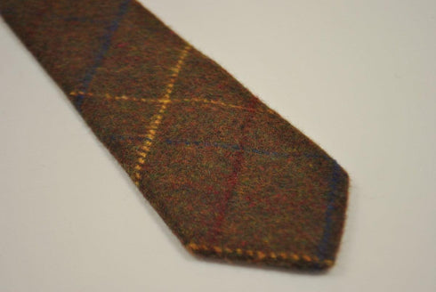 chocolate brown, blue and yellow check tweed wool tie