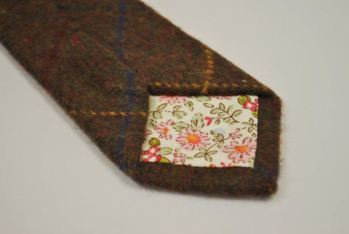 chocolate brown, blue and yellow check tweed wool tie