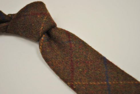 chocolate brown, blue and yellow check tweed wool tie