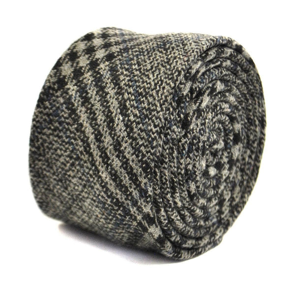 grey, black and navy check tweed wool skinny tie
