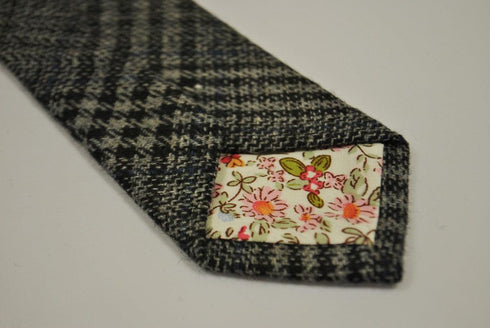 grey, black and navy check tweed wool skinny tie