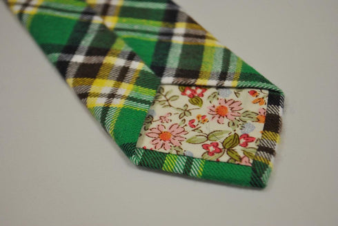 green, yellow and white check tweed wool tie