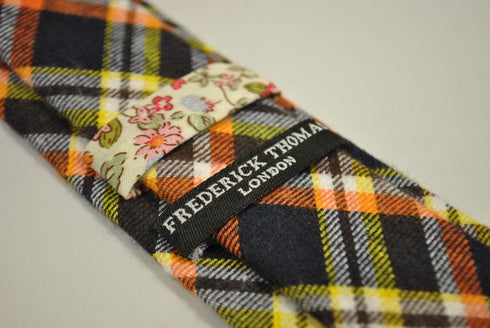 orange, yellow and navy check tweed wool tie