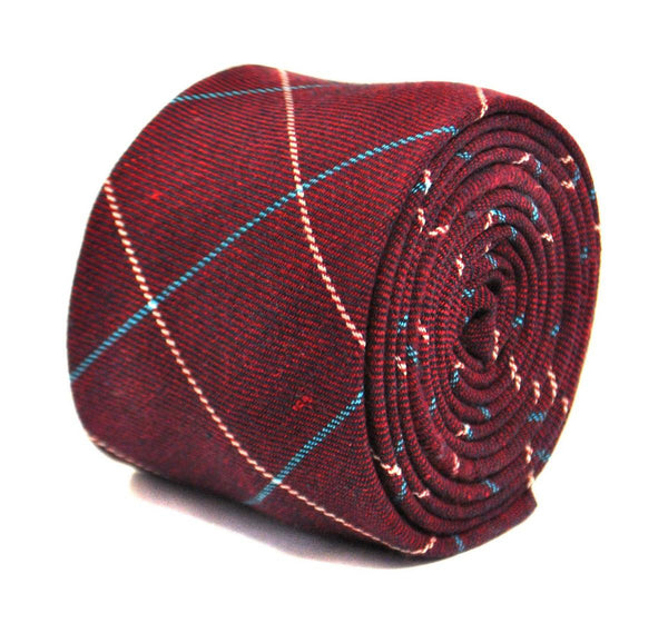 burgundy red tie with blue and cream check design