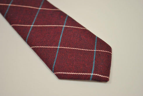 burgundy red tie with blue and cream check design