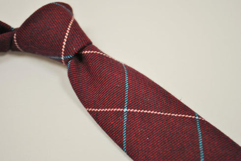 burgundy red tie with blue and cream check design