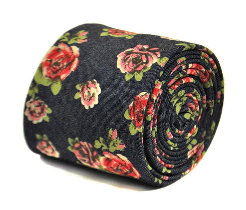 navy blue and rose floral design 100% cotton tie