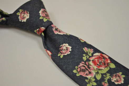 navy blue and rose floral design 100% cotton tie