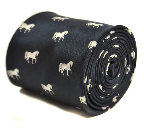 navy dark blue tie with thoroughbred horse silhouette design