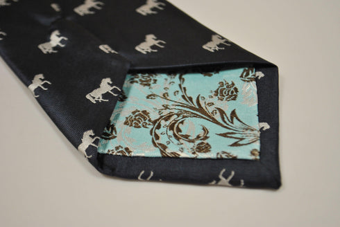 navy dark blue tie with thoroughbred horse silhouette design
