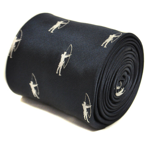navy blue tie with archer silhouette design