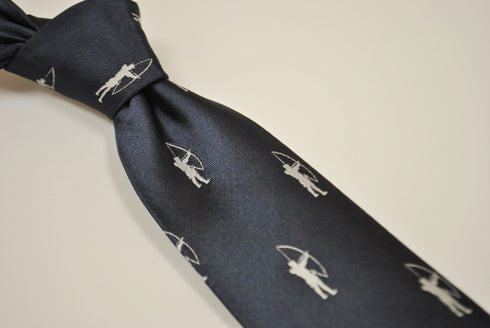 navy blue tie with archer silhouette design