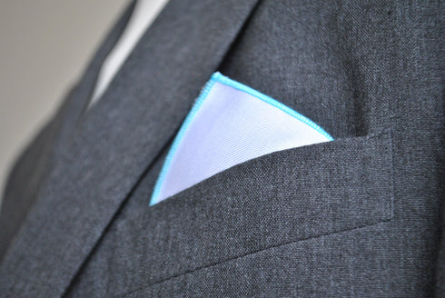 White Cotton Pocket Square with Light Blue Edging