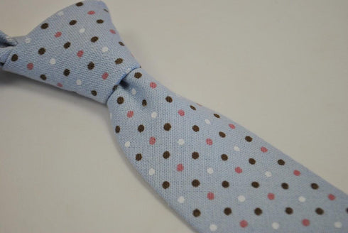 baby blue tie with brown, pink and white polka dots