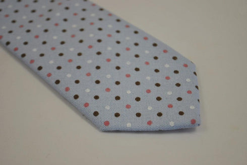 baby blue tie with brown, pink and white polka dots