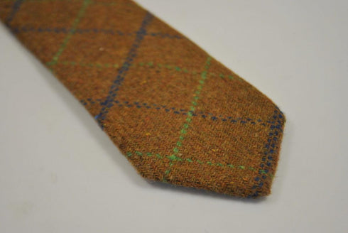 brown, green and blue check tweed wool tie