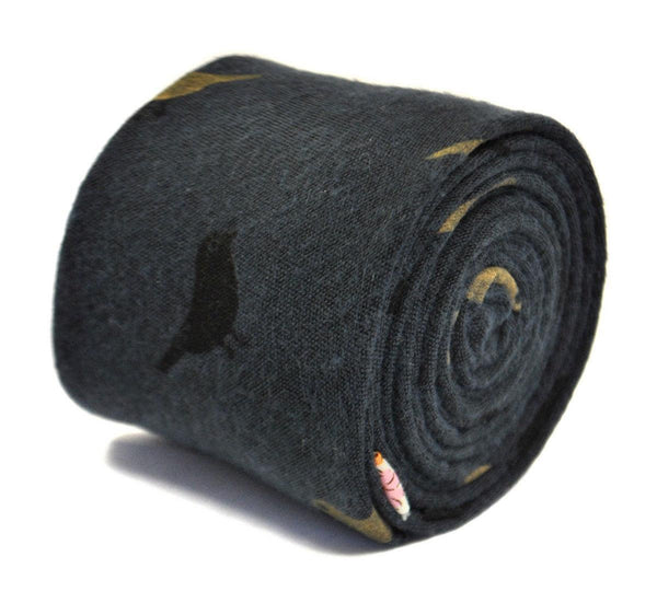 navy blue tie with bird design in 100% cotton linen