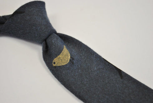 navy blue tie with bird design in 100% cotton linen