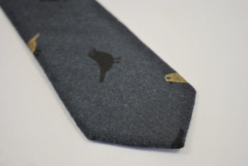 navy blue tie with bird design in 100% cotton linen