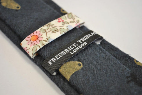 navy blue tie with bird design in 100% cotton linen