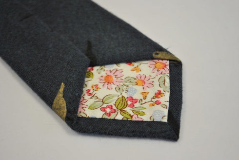 navy blue tie with bird design in 100% cotton linen