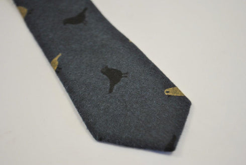 navy blue tie with bird design in 100% cotton linen