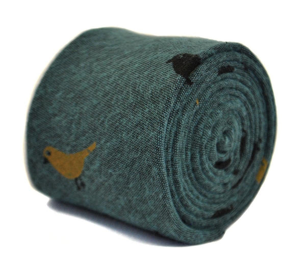 dark green aqua tie with bird design in 100% cotton linen