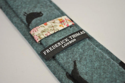 dark green aqua tie with bird design in 100% cotton linen