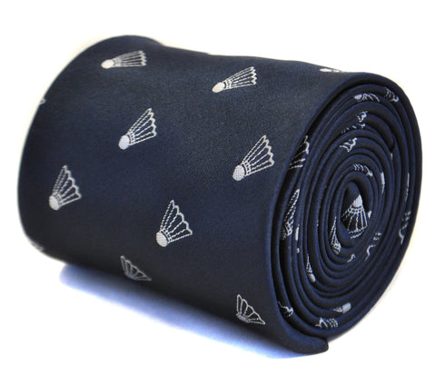 navy tie with badminton shuttlecock embroidered design